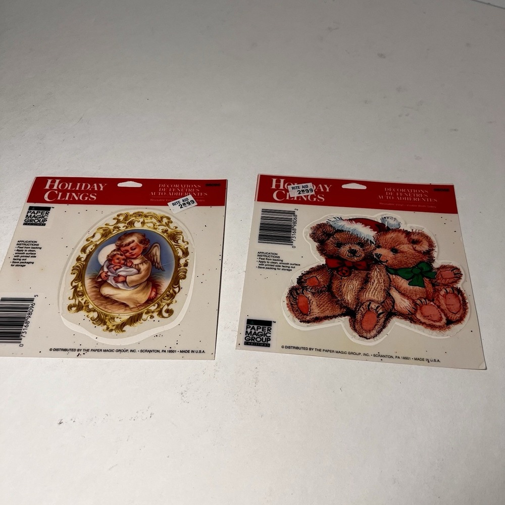 Vintage Christmas Holiday Clings Window Stickers Decorations Teddy Bear & Angel